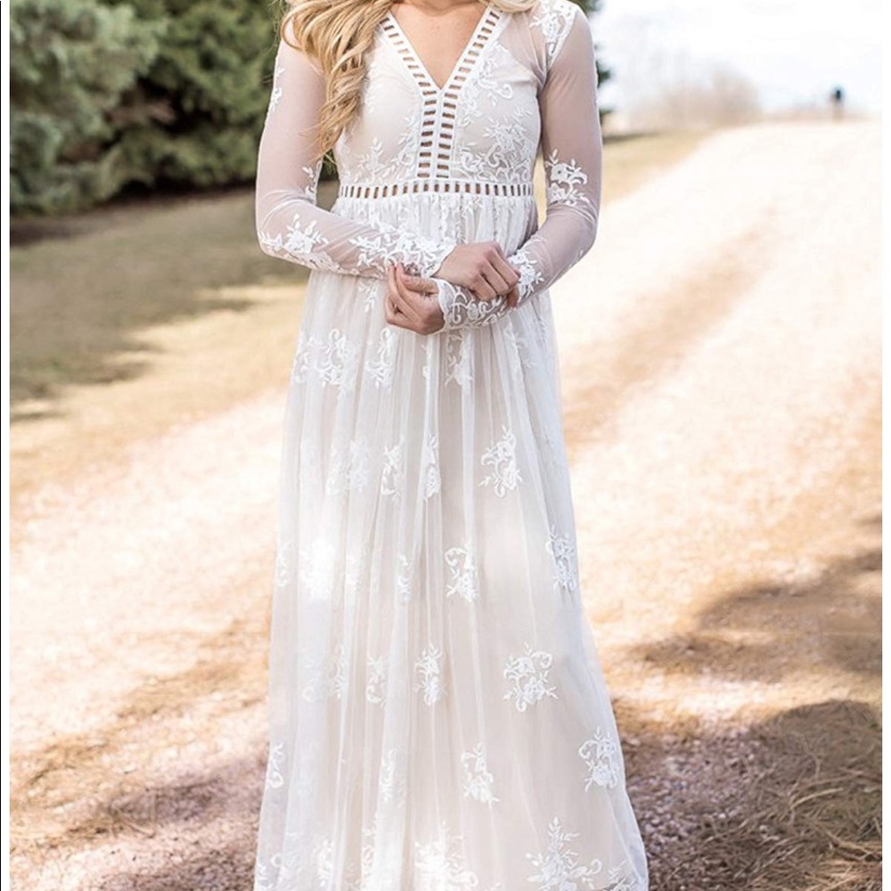 Women's long Sleeve Boho Maxi White Dress XL